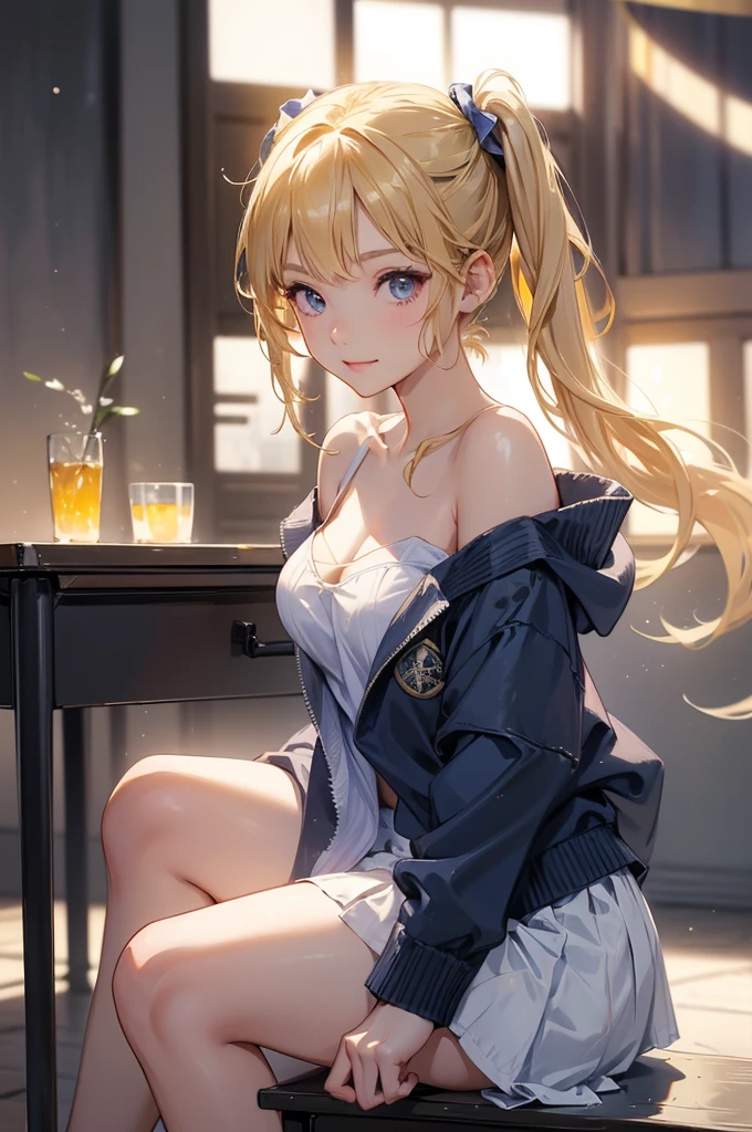 Browsing Caution:1.4, 8k, expensiveest quality, masterpiece, Vibrant, Real person, Unity 8k による壁紙, School classroom、Sit at a desk、Sit with your legs apart、(1 girl) , Beautiful Eyes, (Delicate face) , Perfect detail, (Best lighting) , (超Complexdetailed),、(Shooting from below:1.5)、Peeking out from under the skirt、Cowboy Shot、{Low Angle:1.4}、Showing panties、Laughter、Smiling girl、expensive , {Navy Blue Blazer:1.2}、{White shirt}、{Yellow ribbon}、{Grey pleated skirt}、((Small breasts:1.2))、Wearing a proper uniform、(1 girl),(Beautiful Eyes、detailedに描かれた、Look at the detailasterpieceサイドライト、masterpiece、expensiveest quality、detailed、High resolution illustrations),Delicate makeup, (close:1.2)、throw、Soft focus ground bokeh、Turn to me and smile,black eye,Half-up hairstyle with short bangs((blonde)))、Curly Hair,short hair, ((Low twin towel:1.3), (Short pigtails:1.3), 非常にdetailedな, Complex, Tabletop, Small Ass、thin