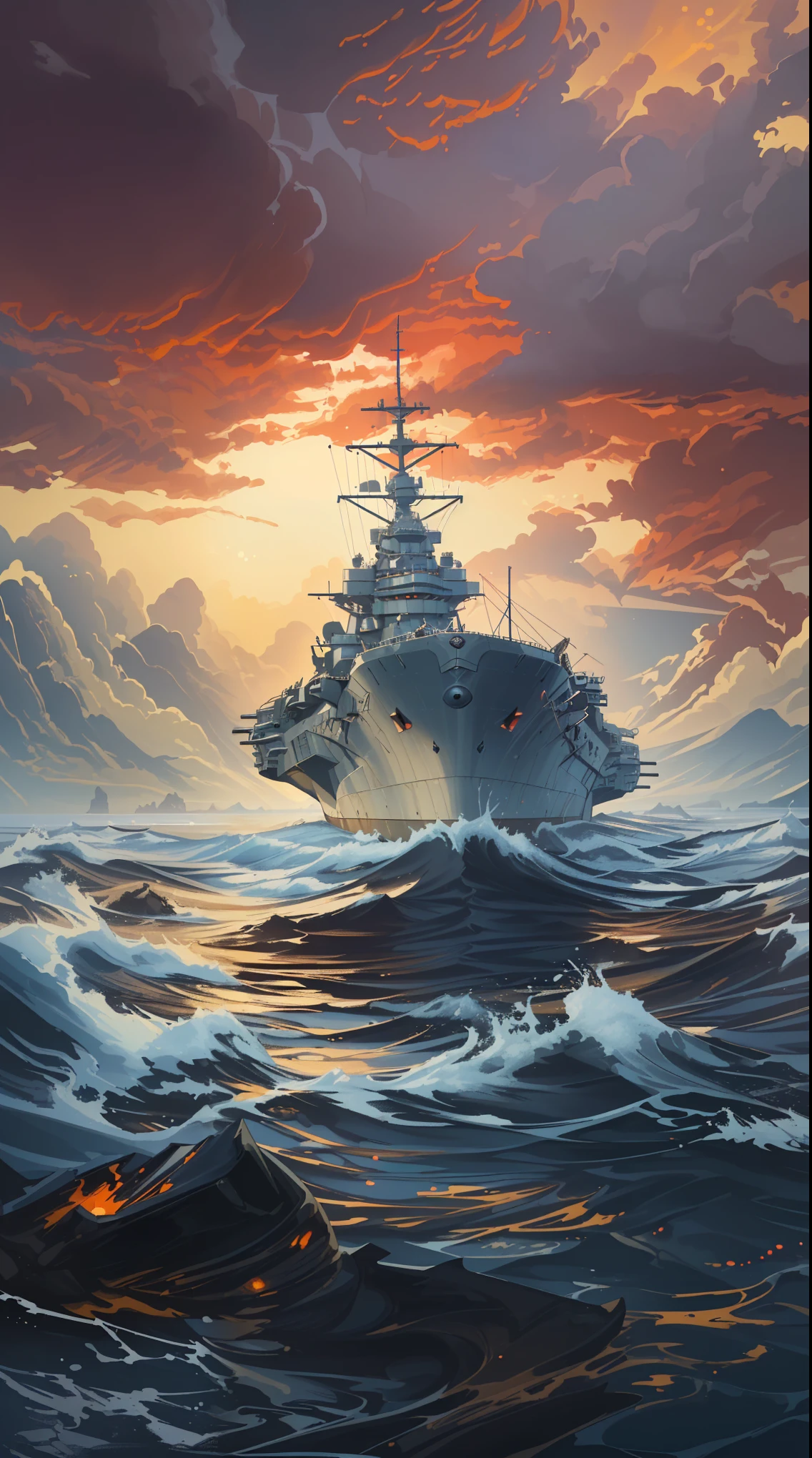 (masterpiece, top quality, best quality, Extremely detailed details, official art, Light Effect, Beauty and aesthetics: 1.2, Rendered using Unreal Engine 5, ) The painting shows a warship parked in the middle of the water, author：Howard Lyon, author David B. Mattingly, author：Michael Satfen, author：Bob Linwood (Bob Ringwood), author：Richard Mayhew, author：Jason Benjamin, author：Randy Gallegos, rhads 和 thomas kinkade, author David G. Sorensen, Naval landscape, author：Michael Ford, author：Leonard Long