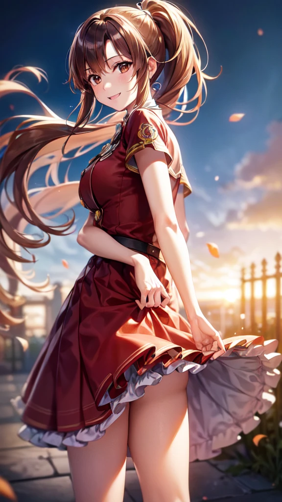 High resolution, Highest quality, super high quality、masterpiece、anime-style picture、Ultra-precision、Shiny, beautiful long hair、High quality anime girl with brown hair and brown eyes,[[Attractive eyes,Detailed eyes、Shining Eyes, Colorful eyes:1.25]]、whole、View from the front、ponytail, Brown Hair、(Skirt lift up:1.1),solo girl,Red and white uniform、Dress appropriately、Best Photos, Tabletop, Realistic, Soft Light, Attractive eyes 、4Ｋ，8Ｋ,(Genuine、Genuine ambition、Photo: Genuine ambition:1.2）、High resolution、超High resolution、Ultra High Resolution Painting、Cowboy Shot、Leaning forward、smile
