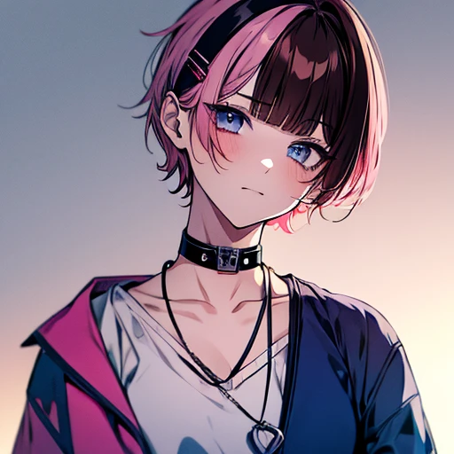 Absurd, Highest quality, Androgynous, alone, View your viewers,Eye focus,  TachibanaHinano, (short hair:0.75), Medium chest, (Split Color Hair), blue eyes, Hair Clip, (Messy Hair:1), choker, (Earrings:0.1), necklace, (Side Lock)
Losing pink hair, (Swept-apart bangs:0.25), Side Lock
BREAK
brown hair, (Blunt bangs:1), (Side Lock:1.5)