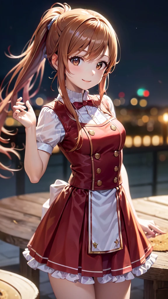 High resolution, Highest quality, super high quality、masterpiece、anime-style picture、Ultra-precision、Shiny, beautiful long hair、High quality anime girl with brown hair and brown eyes,[[Attractive eyes,Detailed eyes、Shining Eyes, Colorful eyes:1.25]]、whole、View from the front、ponytail, Brown Hair、(Skirt lift up:1.1),solo girl,Red and white uniform、Dress appropriately、Best Photos, Tabletop, Realistic, Soft Light, Attractive eyes 、4Ｋ，8Ｋ,(Genuine、Genuine ambition、Photo: Genuine ambition:1.2）、High resolution、超High resolution、Ultra High Resolution Painting、Cowboy Shot、Leaning forward、smile
