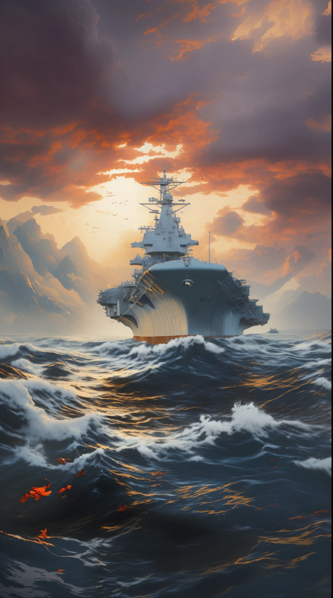 A warship parked in the middle of the water, masterpiece, best quality, (Extremely detailed CG unity 8k wallpaper), (best quality), (Best Illustration), (Best shadow), absurd, Realistic lighting, (abyss), Beautiful and delicate light, Artworks by Peter Mohr Bacher.