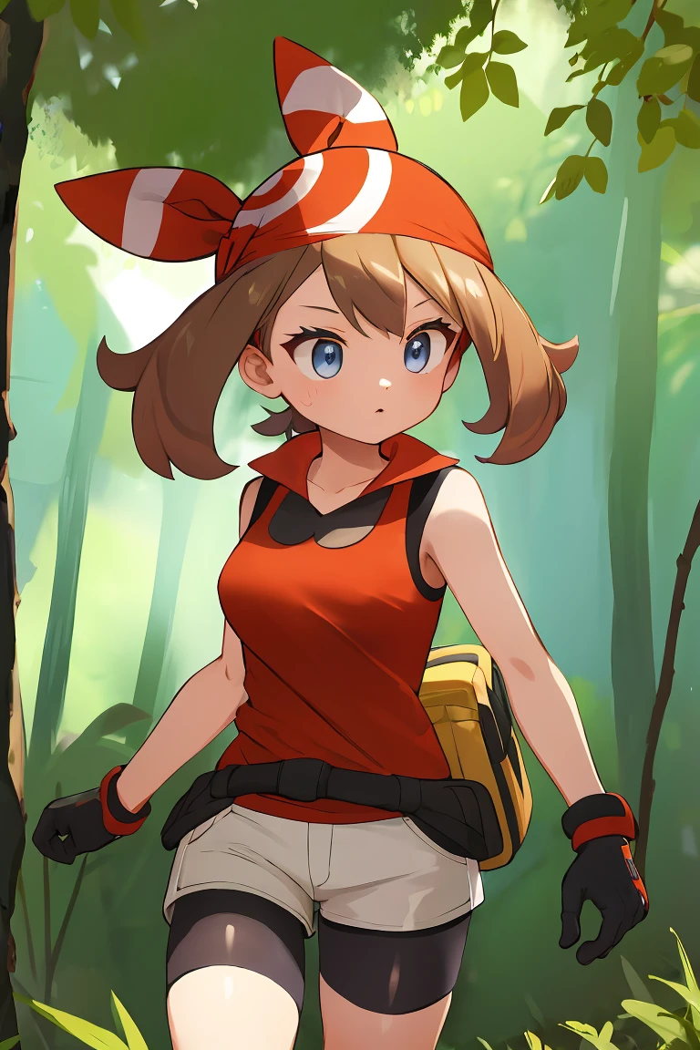 una chica caminando por el bosque, may, shirt, bike shorts, bandana, red shirt, hairband, medium hair, gloves, shorts, bow hairband, sleeveless, red bandana