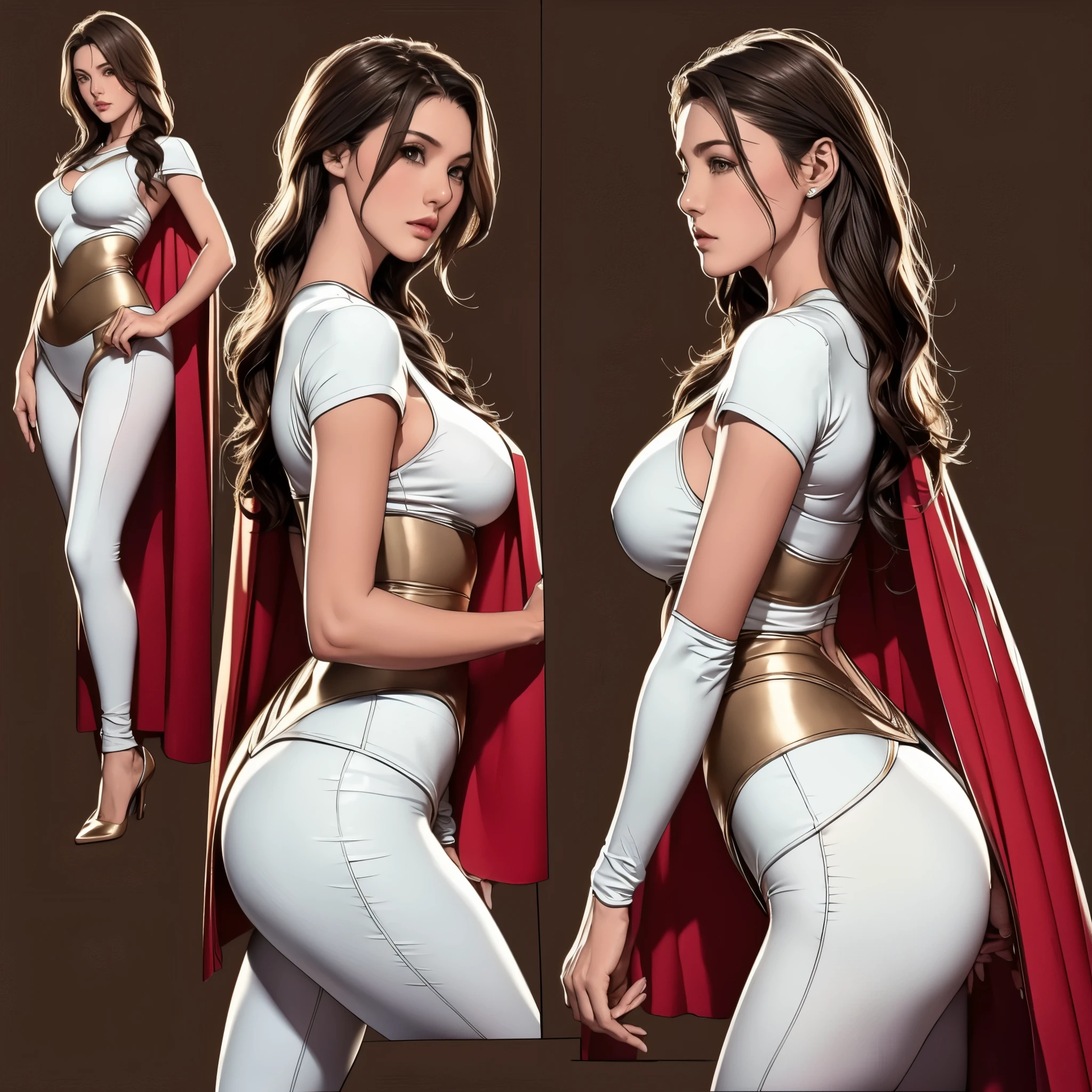 Detailed character sheet, Front view, Side view, Oblique view, with a white returnground, show women, 30 years old, with short dark brown hair combed return, 1 female warrior, Wavy Cape, long flowing hair, Swordsman Style, Light Armor, (Earth-toned long leggings), Slim figure, Toned thighs, Tight round ass, Low angle shot, From below, The seat includes different angles, Front desk etc.., return, and Side views, Model and Reference Sheets, Full body painting. The ratio is based on 7.5 Head Scale.