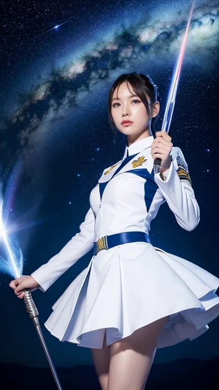 White combat uniform、skirt、Goddess of War、Staff、High resolution、Unknown powers、thunder、Wind、inflammation、muscle、Planetary alignm...