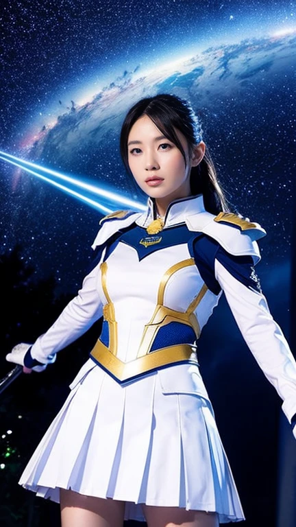 White combat uniform、skirt、Goddess of War、Staff、High resolution、Unknown powers、thunder、Wind、inflammation、muscle、Planetary alignment、Starry Sky、Blue light、Laser beam、God&#39;s Weapon、Diffuse reflection of light、cyber-、Valkyrie、Valkyrie