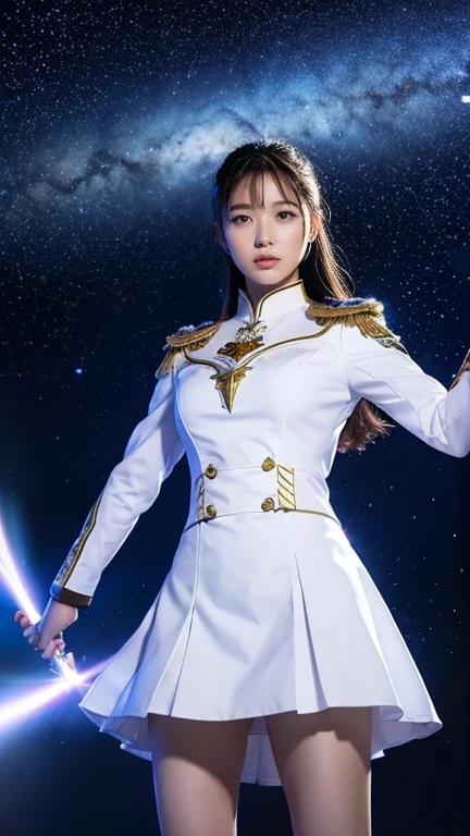 White combat uniform、skirt、Goddess of War、Staff、High resolution、Unknown powers、thunder、Wind、inflammation、muscle、Planetary alignment、Starry Sky、Blue light、Laser beam、God&#39;s Weapon、Diffuse reflection of light、cyber-、Valkyrie、Valkyrie