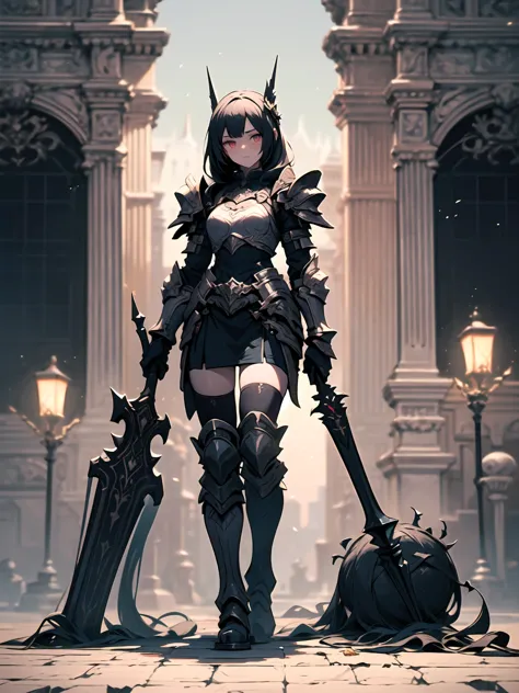 (((masterpiece, best quality, 16k)))A dark and cursed female game character, wearing ornate black and gold armor, wielding a cur...