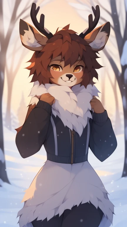 ((by reysi)), Best quality, Super detailed illustration, (fluffy deer boy:1.4) , feminine face and body, disheveled thick hair, warm clothes of the northern peoples, warm colors, decorations on clothes, smug smile, against the backdrop of a winter forest and high snow-capped mountains ,a femboy ,small waist, wide hips, slim, perfect body, 