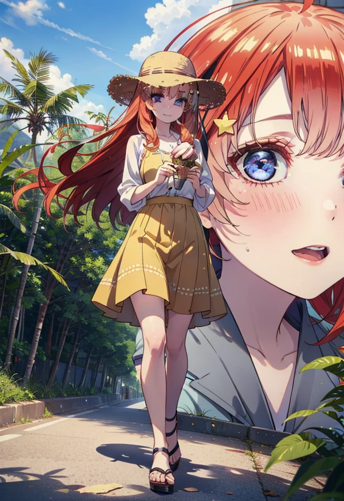 itsukinakano, Itsuki Nakano, bangs, blue eyes, Long Hair,Hair between the eyes, Ahoge, Redhead, star \(symbol\), hair ornaments, star hair ornaments,Straw hat,Red sleeveless dress,mini skirt,Heeled Sandals,Walking,smile,blush,Open your mouth,Eating ice cream,Holding ice cream in one hand,whole bodyがイラストに入るように,Palm tree,True Summer,Clear skies,
break outdoors,Tropical Coastline,
break looking at viewer,whole body ,
break (masterpiece:1.2), Highest quality, High resolution, unity 8k wallpaper, (figure:0.8), (Beautiful attention to detail:1.6), Highly detailed face, Perfect lighting, Highly detailed CG, (Perfect hands, Perfect Anatomy),