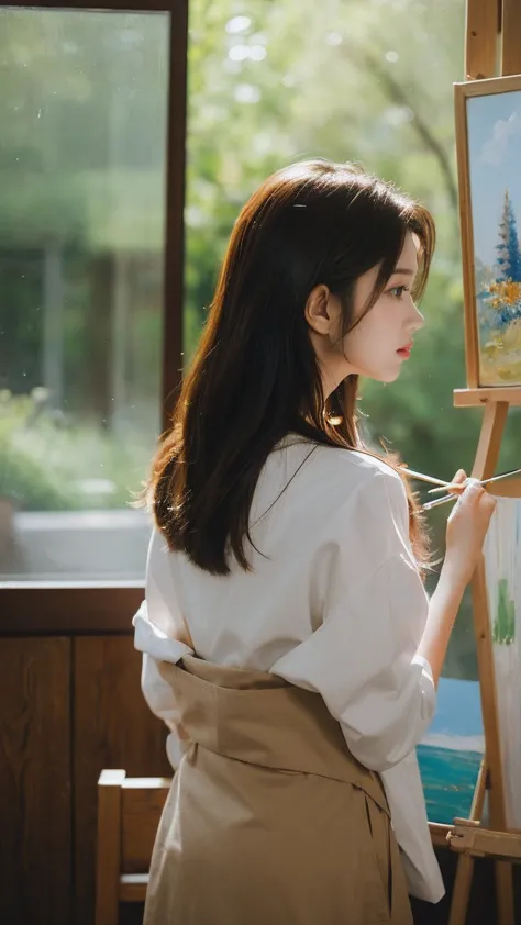 a girl with a beautiful posture is painting in front of an easel. the realistic lighting from the window illuminates her focused...