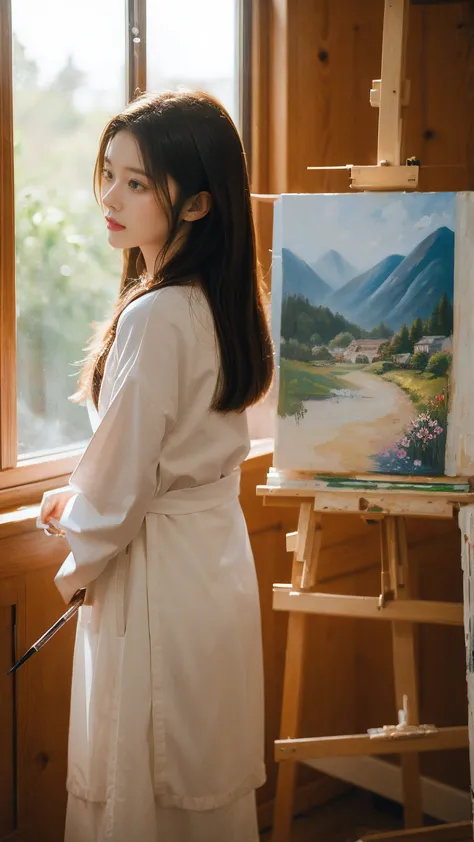 a girl with a beautiful posture is painting in front of an easel. the realistic lighting from the window illuminates her focused...