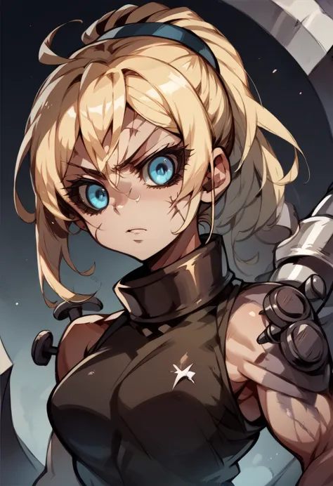 anime female skinhead,blonde, blue eyes, dark punk clothes, mercenary, deadly and skilled, sexy german