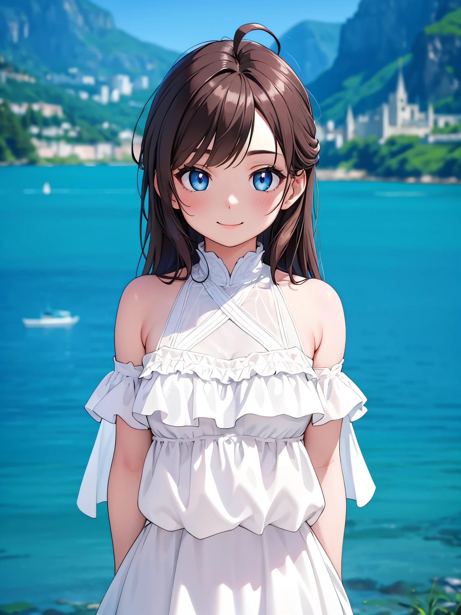 masterpiece, 1 girl, beautiful girl, smile, close up, detailed face, detailed eyes, detailed iris, round iris, detailed pupils, round pupils, blue eyes, brown hair, long hair, bangs, equal length bangs, small ahoge, bare shoulders, blush, medium breasts, white dress, frilly dress, looking at viewer, fantasy, european, castle in background, architecture, outdoors, best quality, very aesthetic, absurdres, high res, ultrasharp, high detail, sharp focus, dramatic, beautiful lighting, real life, intricate, caustics, subsurface scattering, reflections, (photorealistic:1.5), (ulzzang-6500:0.5), (RAW photo, 8k uhd, film grain)