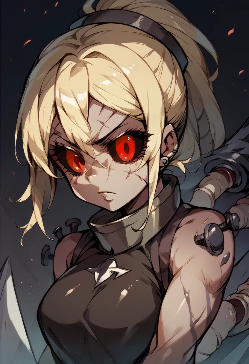 Anime female skinhead,blonde, red sclera, dark punk clothes, mercenary, deadly and skilled, sexy german