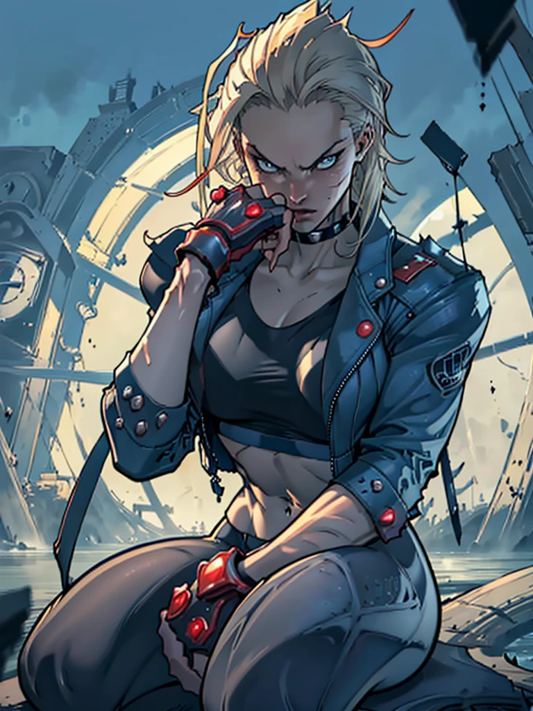 "(exquisitely detailed CG unity 8k wallpaper, masterpiece-quality with stunning realism), (best illumination, best shadow), (best quality), (elegant and demonic style:1.2), (closeup:1) Arti modern anime. angled view, heroic pose, closeup full body portrait medium shot of cammy, navy blue sports bra, light blue open jacket, navy blue yoga pants, red gloves, Abdominal muscle, muscles, (eyes looking at viewer:1.0), abs, depth of field blur effect, night, full zoom, action portrait, photorealistic. cinematic lighting, highly detailed. best quality, 4k, Better hand, perfect anatomy, leaning forward, foreshortening effects, (leaning forward:1) (cute coy flirty sexy expression), foreshortening effect, (piercing eyes:0.8), surrounded by an ominous and dark atmosphere, accentuated by dramatic and striking lighting, imbued with a sense of surreal fantasy", (mature:0.5) (in london city in the afternoon:1.5) (alone:1.5) (pretty cute face:1.3) (secret agent pose:1) (elegantly sitting:1.5)