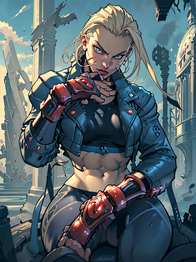 "(exquisitely detailed CG unity 8k wallpaper, masterpiece-quality with stunning realism), (best illumination, best shadow), (best quality), (elegant and demonic style:1.2), (closeup:1) Arti modern anime. angled view, heroic pose, closeup full body portrait medium shot of cammy, navy blue sports bra, light blue open jacket, navy blue yoga pants, red gloves, Abdominal muscle, muscles, (eyes looking at viewer:1.0), abs, depth of field blur effect, night, full zoom, action portrait, photorealistic. cinematic lighting, highly detailed. best quality, 4k, Better hand, perfect anatomy, leaning forward, foreshortening effects, (leaning forward:1) (cute coy flirty sexy expression), foreshortening effect, (piercing eyes:0.8), surrounded by an ominous and dark atmosphere, accentuated by dramatic and striking lighting, imbued with a sense of surreal fantasy", (mature:0.5) (in london city in the afternoon:1.5) (alone:1.5) (pretty cute face:1.3) (secret agent pose:1) (elegantly sitting:1.5)