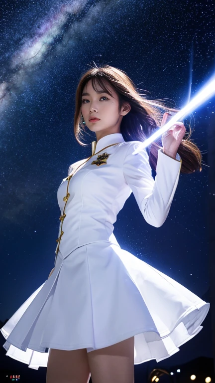 White combat uniform、skirt、Goddess of War、Staff、High resolution、Unknown powers、thunder、Wind、inflammation、muscle、Planetary alignment、Starry Sky、Blue light、Laser beam、God&#39;s Weapon、Diffuse reflection of light、cyber-、Valkyrie、Valkyrie