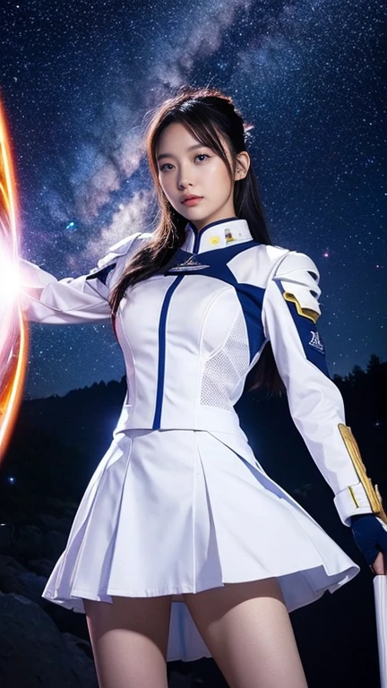 White combat uniform、skirt、Goddess of War、Staff、High resolution、Unknown powers、thunder、Wind、inflammation、muscle、Planetary alignment、Starry Sky、Blue light、Laser beam、God&#39;s Weapon、Diffuse reflection of light、cyber-、Valkyrie、Valkyrie