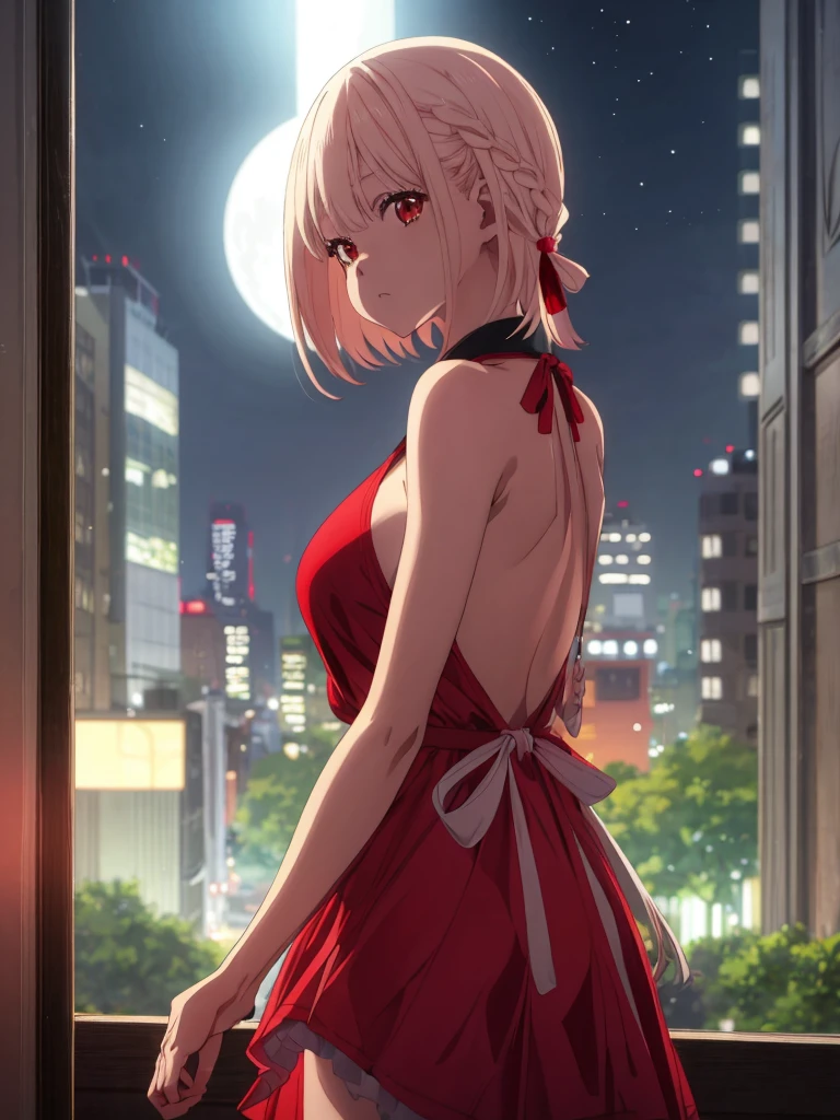 solo,1 girl,skirt lift,pubic blonde hair,show off vagina,Highest image quality、highest quality、High quality、City of night、night view、city、city of tokyo、girl,red dress、Dress with open chest、backless dress、huge breasts、valley、sideboob、view from the side、See up、View from up close、Moon glare, Bokeh, Depth of bounds written, blurred background, Senzoku Nishikigi、blonde short bob、Braiding hair、red eyes、red ribbon、In town、
