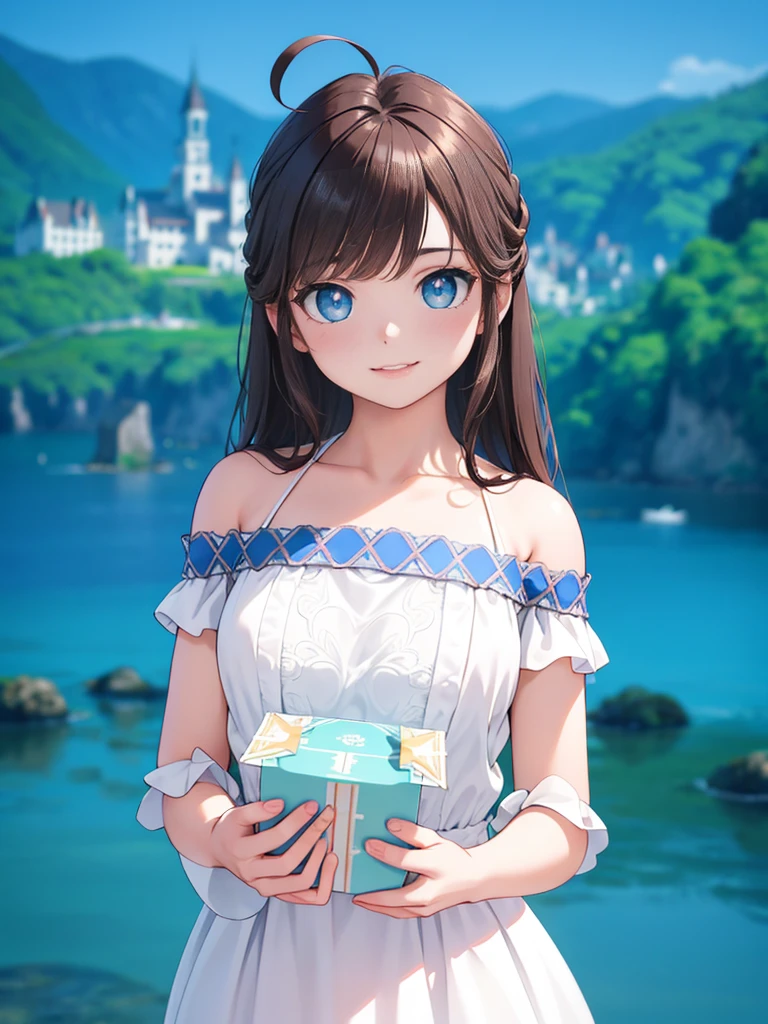 masterpiece, 1 girl, beautiful girl, smile, close up, detailed face, detailed eyes, detailed iris, round iris, detailed pupils, round pupils, blue eyes, brown hair, long hair, bangs, equal length bangs, small ahoge, bare shoulders, blush, medium breasts, white dress, frilly dress, looking at viewer, fantasy, european, castle in background, architecture, outdoors, best quality, very aesthetic, absurdres, high res, ultrasharp, high detail, sharp focus, dramatic, beautiful lighting, real life, intricate, caustics, subsurface scattering, reflections, (photorealistic:1.5), (ulzzang-6500:0.5), (RAW photo, 8k uhd, film grain)