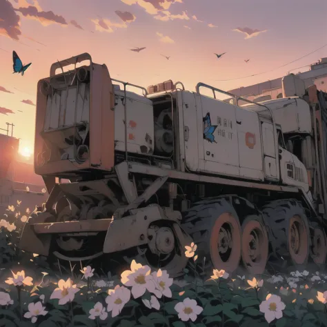 (((masterpiece, Highest quality)))、(((32K Wallpapers)))、Detailed Machinery、Abandoned Factory、Atrium、(((White Flower Field)))、(((Detailed rusty giant heavy machinery)))、Gorgeous light leaks、(((sunset)))、fog、Detailed Background、Highest quality、(((unmanned)))、Broken huge heavy machinery、Complex, huge heavy machinery、Faint lighting、、(((Dull colorany white flowers fluttering down)))、(((Heavy machinery covered with flowers)))、(((Lots of butterflies)))、(((Abandoned garage)))、、(((Red Sunset))、Strong backlighting、(((Huge heavy machinery in the foreground)))