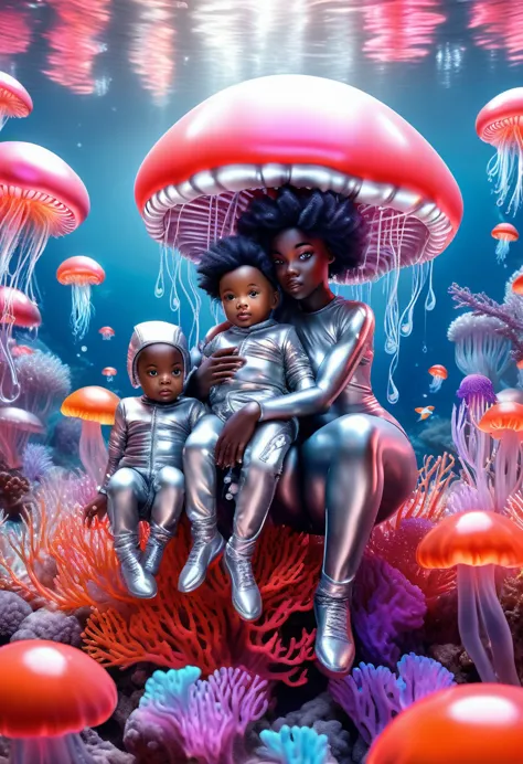 wide angle shot of happy black babies dressed in silver clothes and sitting on top of floating giant jelly fish, in outer space ...