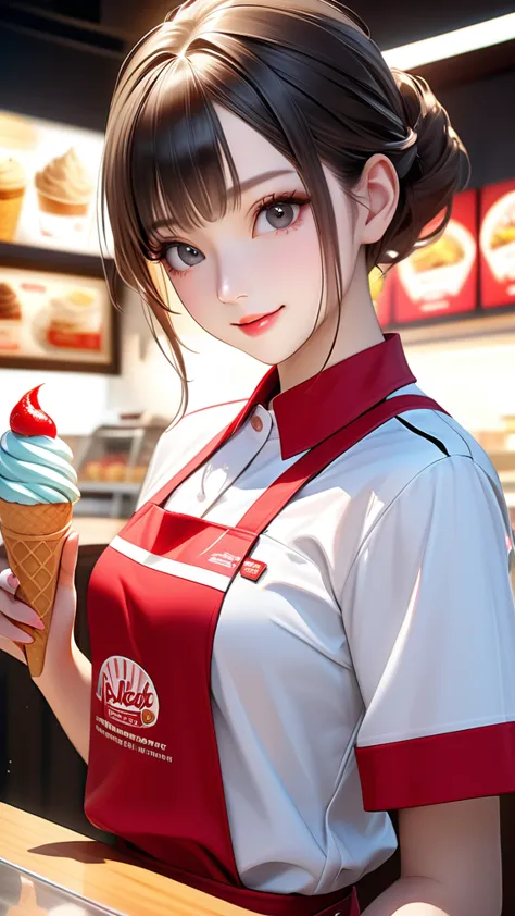 beautiful young woman in a clean and fresh fast food uniform, beautiful attention to detail, beautiful lip detail, highly detail...