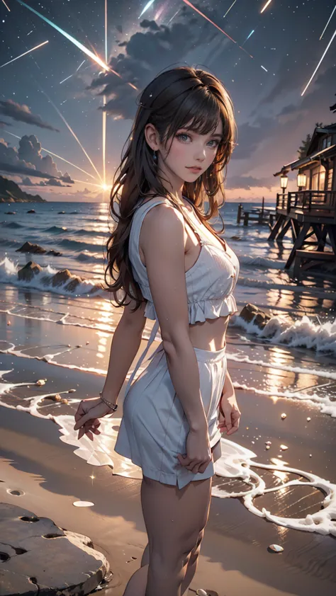 ((masterpiece, highest quality)), at night, light clothing, girl, put one foot in the sea using only your toes, girl standing, g...