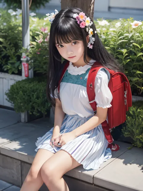 Masterpiece, hd, realistic, high school girl,17 years old, black hair, hair ornaments,innocent face,teenage girl,cute,summer clothes, short sleeves m, puffy sleeves, flower dress,everyday wear,sitting,flower garden,black hair,ribbon, wearing school backpack, (backpack:1.2)