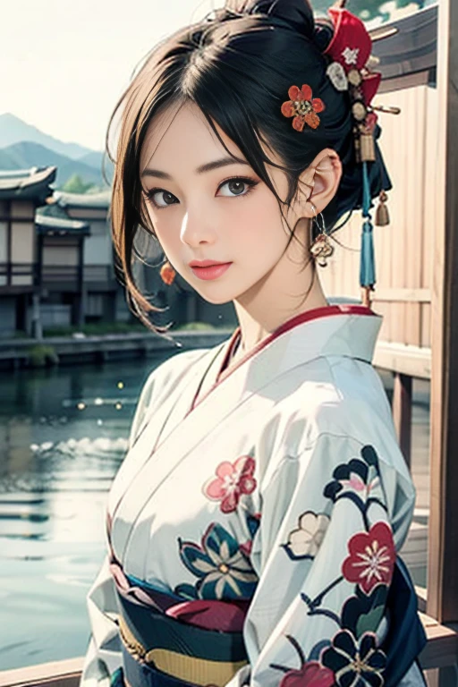 (Highest quality、 8k 、masterpiece、High resolution)、(whole body)、Vibrant colors、Brown-black bob、Traditional topknot、Ample breasts、(Detailed face,Beautiful Face,Beautiful Eyes,Beautiful nose,Pretty lips)、Official artwork、Ukiyo-e style、 (Beautiful woman in kimono)、(Vivid floral patterned kimono)、background、river、bridge、Mountain、Starry Sky、plum、