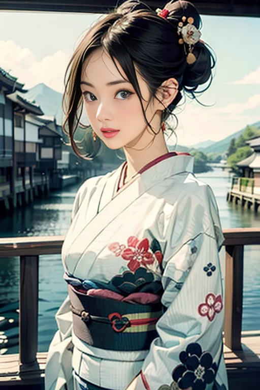 (Highest quality、 8k 、masterpiece、High resolution)、(whole body)、Vibrant colors、Brown-black bob、Traditional topknot、Ample breasts、(Detailed face,Beautiful Face,Beautiful Eyes,Beautiful nose,Pretty lips)、Official artwork、Ukiyo-e style、 (Beautiful woman in kimono)、(Vivid floral patterned kimono)、background、river、bridge、Mountain、Starry Sky、plum、