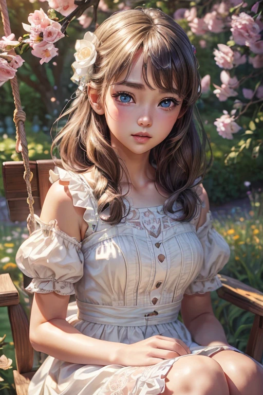 Cute young girl、One girl、Beautifully detailed eyes、Beautifully detailed lips、Highly detailed face、Long eyelashes、、Innocent look、Childish、Porcelain-like skin、wearing a frilled dress、Sitting on the swing in the garden、surrounded by flowers、Sunlight filtering through the trees、pastel colour、Soft lighting、delicate、Fantasy、beautiful、(Highest quality、4K、8k、High resolution、masterpiece:1.2)、Super detailed、(Real、Photorealistic、Photorealistic:1.37)