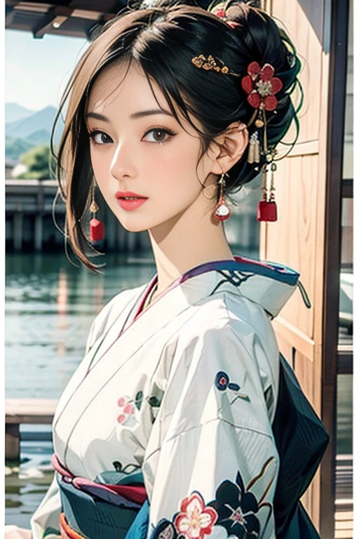 (Highest quality、 8k 、masterpiece、High resolution)、(whole body)、Vibrant colors、Brown-black bob、Traditional topknot、Ample breasts、(Detailed face,Beautiful Face,Beautiful Eyes,Beautiful nose,Pretty lips)、Official artwork、Ukiyo-e style、 (Beautiful woman in kimono)、(Vivid floral patterned kimono)、background、river、bridge、Mountain、Starry Sky、plum、