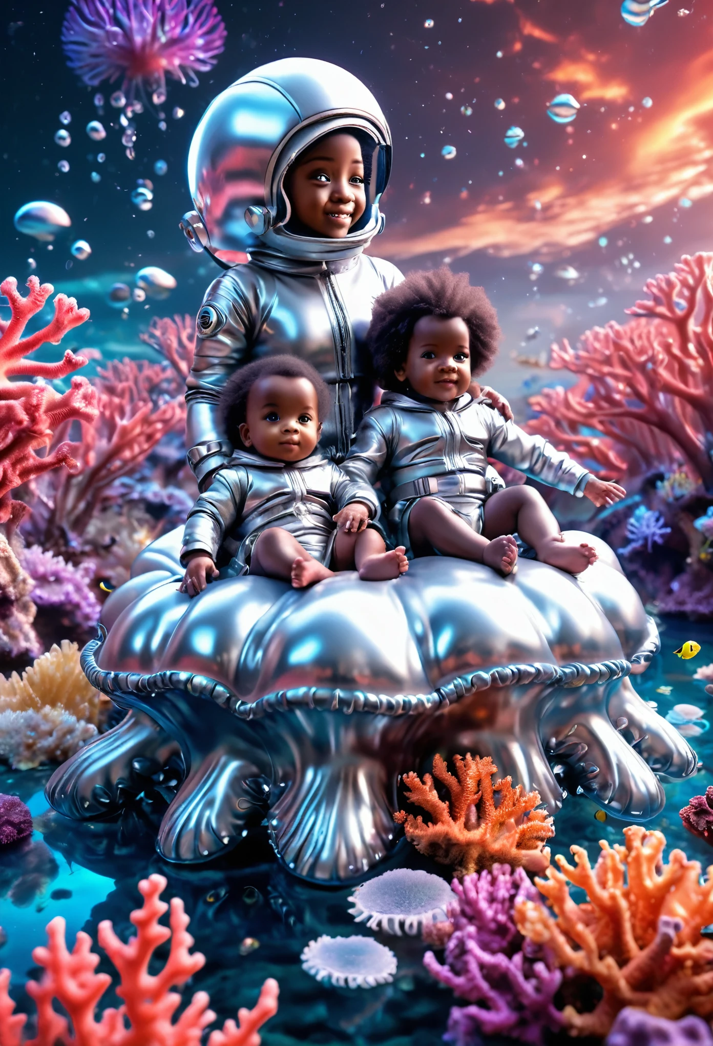 Wide angle shot of happy black babies dressed in silver clothes and sitting on top of floating giant jelly fish, in outer space surrounded by beautiful vibrant coral reefs with water ripples, the scene providing a beautiful and vibrant cinematic look, ultra HD,  hyper-realistic images, 32k, beautiful and vibrant images.