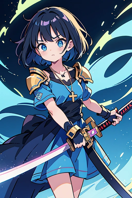 Anime girls, carrying katana, anime, short black hair with neon blue highlights, hair is above shoulder height, smooth beautiful, 4k, anime art, pendant on hair, cross t necklace, vivid blue dress, battle armor golden armor, little clothing