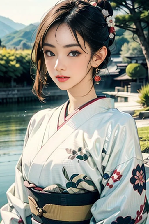 (Highest quality、 8k 、masterpiece、High resolution)、(whole body)、Vibrant colors、Brown-black bob、Traditional topknot、Ample breasts、(Detailed face,Beautiful Face,Beautiful Eyes,Beautiful nose,Pretty lips)、Official artwork、Ukiyo-e style、 (Beautiful woman in kimono)、(Vivid floral patterned kimono)、background、river、bridge、Mountain、Starry Sky、plum、