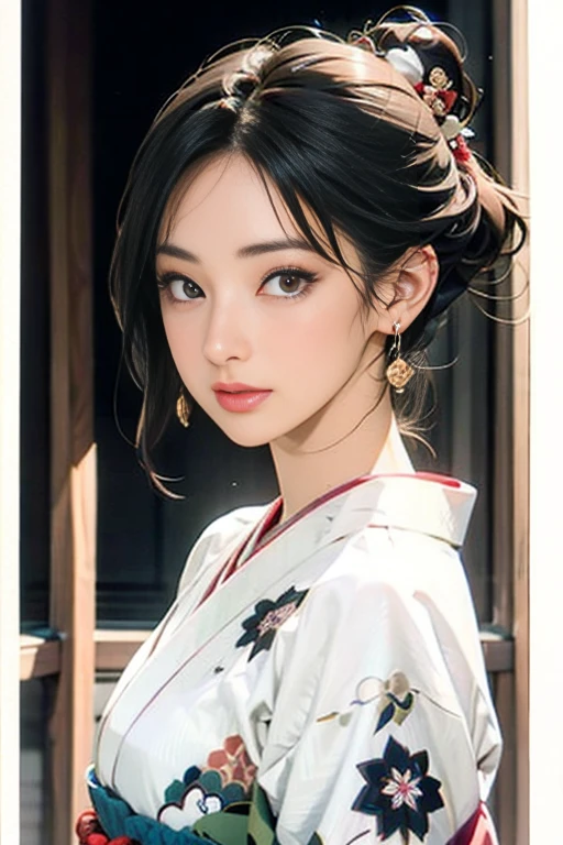 (Highest quality、 8k 、masterpiece、High resolution)、(whole body)、Vibrant colors、Brown-black bob、Traditional topknot、Ample breasts、(Detailed face,Beautiful Face,Beautiful Eyes,Beautiful nose,Pretty lips)、Official artwork、Ukiyo-e style、 (Beautiful woman in kimono)、(Vivid floral patterned kimono)、background、river、bridge、Mountain、Starry Sky、plum、