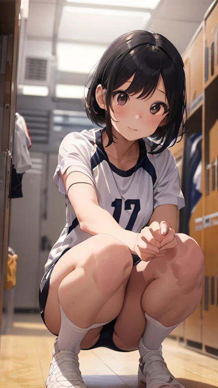 Highest quality, figure, Very detailed, The finer details, High resolution, wallpaper, Perfect dynamic composition, (Detailed high quality, Realistic depiction of eyes:1.3), (short hair volleyball player, Tight clothing, locker room, (Large Breasts), Black hair color, Big Natural Color Lip, Bold sexy pose, (Perfect figure), Putting on gal makeup, Sexy Face, Harajuku Style、20-year-old girl、Cute type、Lolita、Beautiful feet, Gravure idol pose, Voluptuous thighs, (Crouching, Leg spread)、riho yosioka, White volleyball uniform, 8k