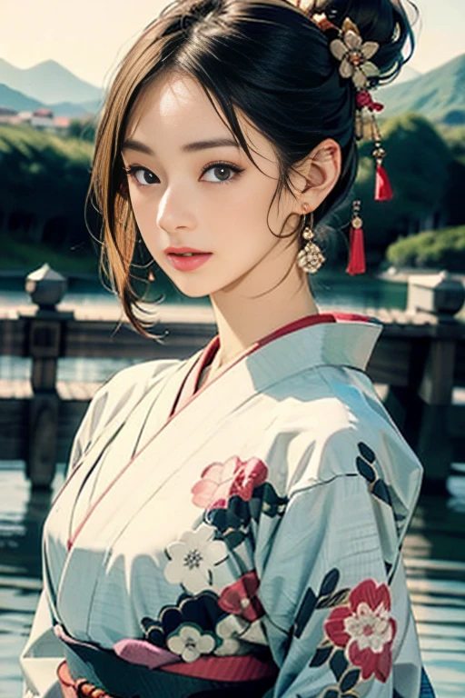 (Highest quality、 8k 、masterpiece、High resolution)、(whole body)、Vibrant colors、Brown-black bob、Traditional topknot、Ample breasts、(Detailed face,Beautiful Face,Beautiful Eyes,Beautiful nose,Pretty lips)、Official artwork、Ukiyo-e style、 (Beautiful woman in kimono)、(Vivid floral patterned kimono)、background、river、bridge、Mountain、Starry Sky、plum、