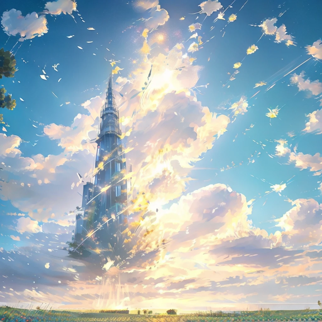 grassland、flower、flowerびらが舞う、Dazzling Light、lame、Earth、Complex and sophisticated metallic vertical aerostat structure, Very detailed, Exquisite metalwork, Futuristic, Sophisticated, Modern, Minimalist, Cinema Lighting, Sparkling Surface, Realistic, 8k, Very detailed, masterpiece