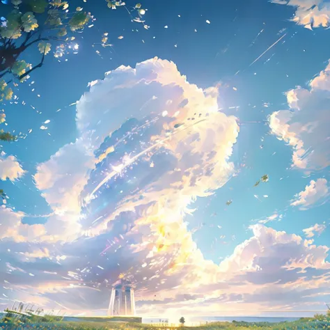 grassland、flower、flowerびらが舞う、dazzling light、lame、earth、complex and advanced crystal vertical aerostat structure, very detailed, ...