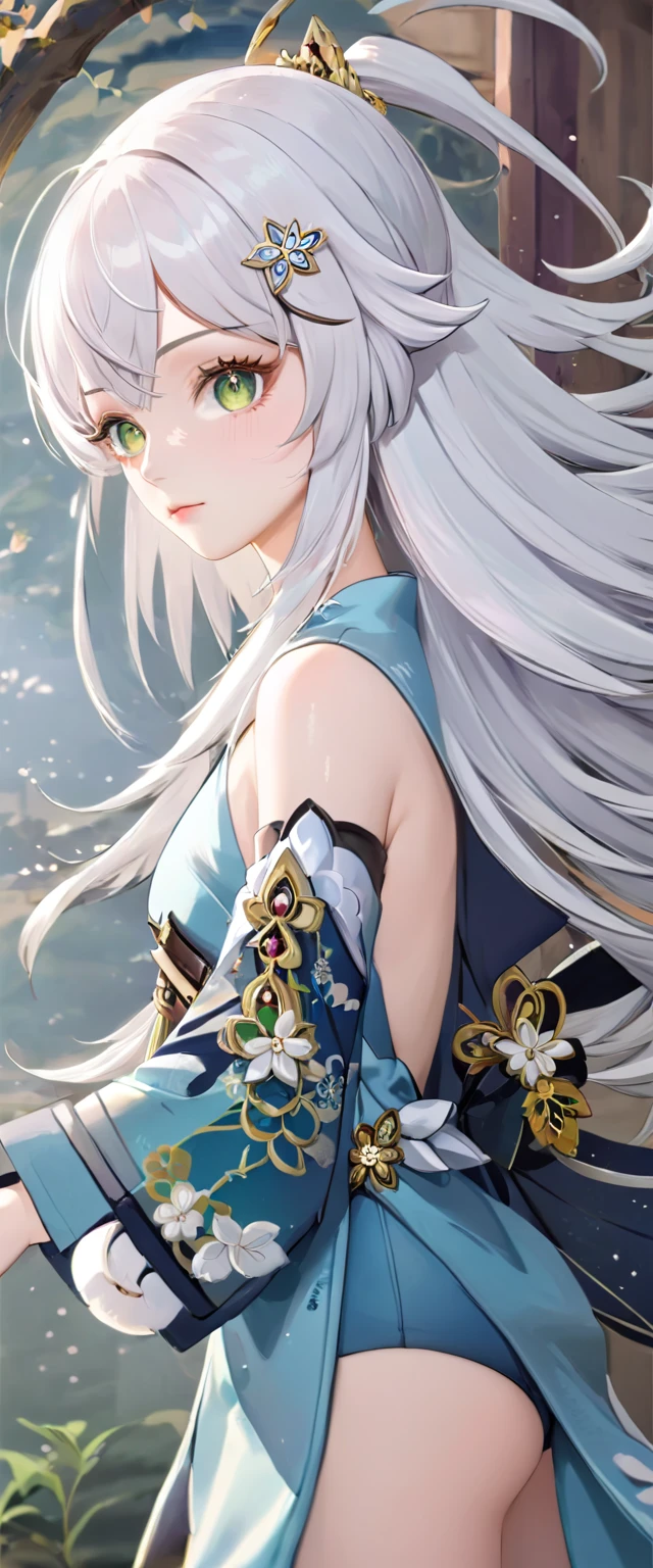 women, long white hair (hair long white), white eyes (Eyes white) hair decorations, sexy short kimono, anime, genshin, fantasy