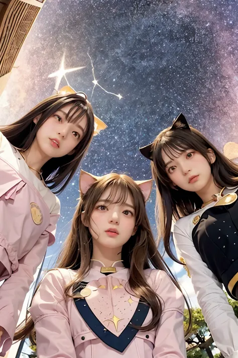 Three Girls, Long Hair, High resolution, Blushing, Open your mouth, Animal ears, Cat ear, Pink eyes, Pink uniform,
(Starry Sky:1...