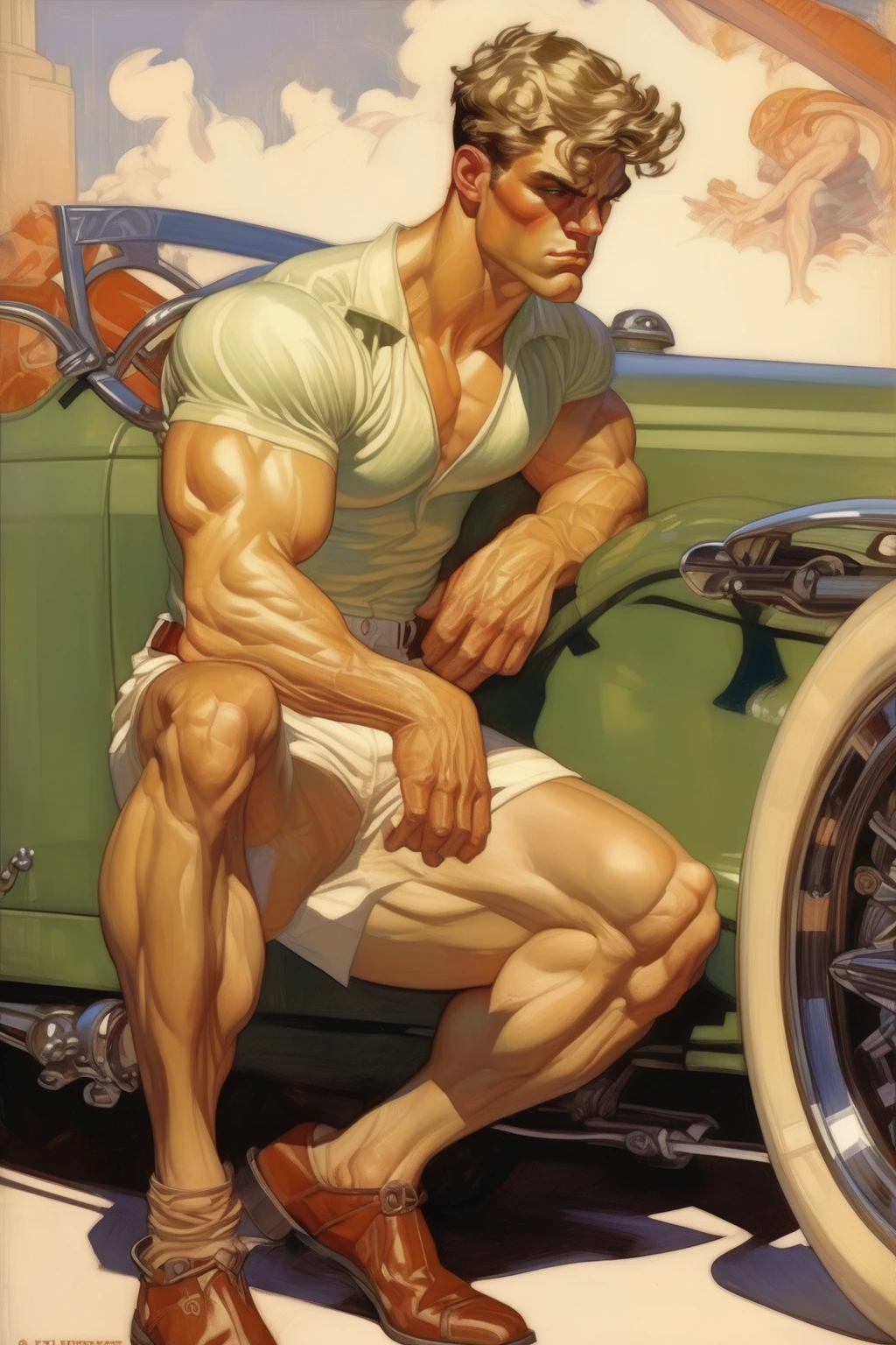 J.C. Leyendecker Style - the incredible hulk as a handsome young muscular man wearing bathing suit, in the style of J.C.Leyendecker, he is leaning on a sexy sports car