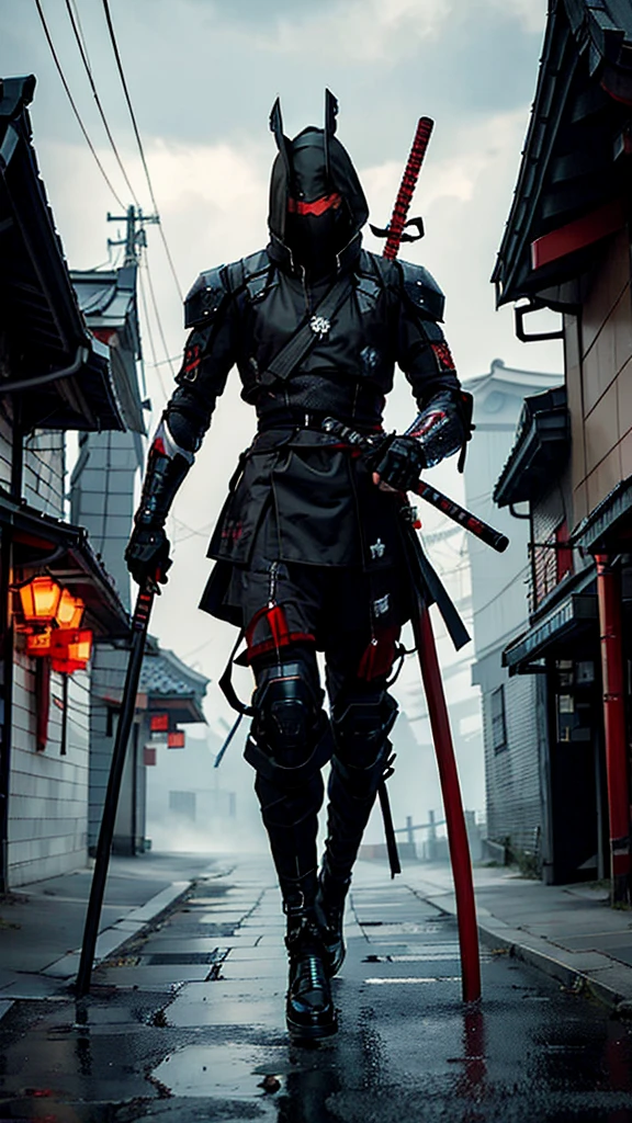 ninja shinobi cyberpunk robot cyborg .big thighs.Wallking street ,red suit
two samurais walking down a street at night, yasuke.Ninja wearing conical hat. shinobi Cyborg. Red eyes, devil mask, rain. Dark night. Equipped with Sword on back. Katana on back. Robot. gears. screws. lights. wires on back. Arresting monsters in alleys.real. tokyo. UE5 CGI