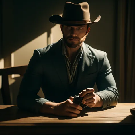 western cowboy, typical cowboy outfit, sitting on a broken wooden chair, next to it a table with a whiskey, hand holding a cowbo...