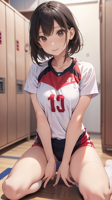 Highest quality, figure, Very detailed, The finer details, High resolution, wallpaper, Perfect dynamic composition, (Detailed high quality, Realistic depiction of eyes:1.3), (short hair volleyball player, Tight clothing, locker room, (Large Breasts), Black hair color, Big Natural Color Lip, Bold sexy pose, (Perfect figure), Putting on gal makeup, Sexy Face, Harajuku Style、20-year-old girl、Cute type、Lolita、Beautiful feet, Gravure idol pose, Voluptuous thighs, (Crouching, Leg spread)、riho yosioka, White volleyball uniform, 8k