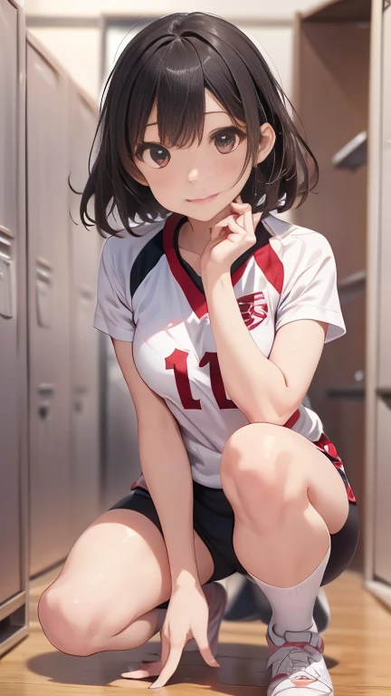 Highest quality, figure, Very detailed, The finer details, High resolution, wallpaper, Perfect dynamic composition, (Detailed high quality, Realistic depiction of eyes:1.3), (short hair volleyball player, Tight clothing, locker room, (Large Breasts), Black hair color, Big Natural Color Lip, Bold sexy pose, (Perfect figure), Putting on gal makeup, Sexy Face, Harajuku Style、20-year-old girl、Cute type、Lolita、Beautiful feet, Gravure idol pose, Voluptuous thighs, (Crouching, Leg spread)、riho yosioka, White volleyball uniform, 8k