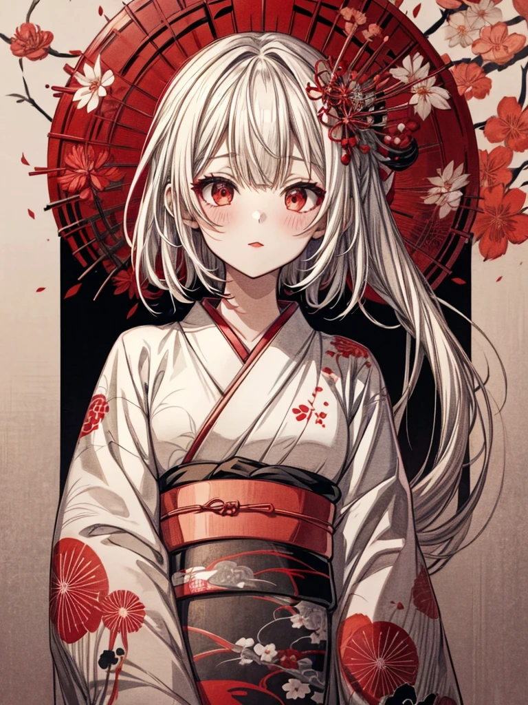 Girl in kimono standing with Japan sword, White medium hair, Red eyes, Red lips, A kimono with a red spider lily on a black background, Red splash pattern on a black background, super high quality, Ultra-fine detail, Very thin handle,Japanese geometric pattern background、